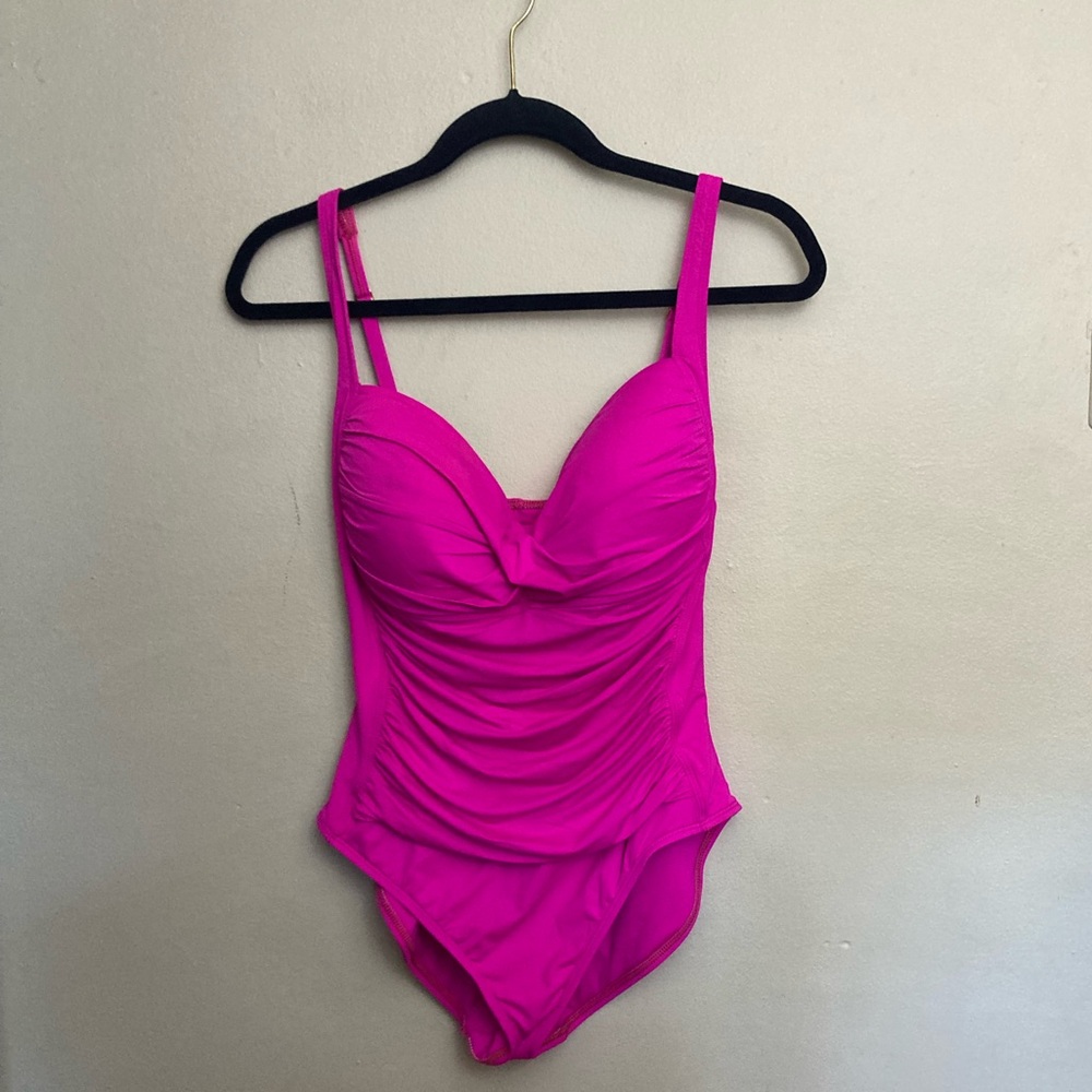 9-8 La Blanca Size 14 Hot Pink Swim One Piece Swimsuit Tummy Control Ruching